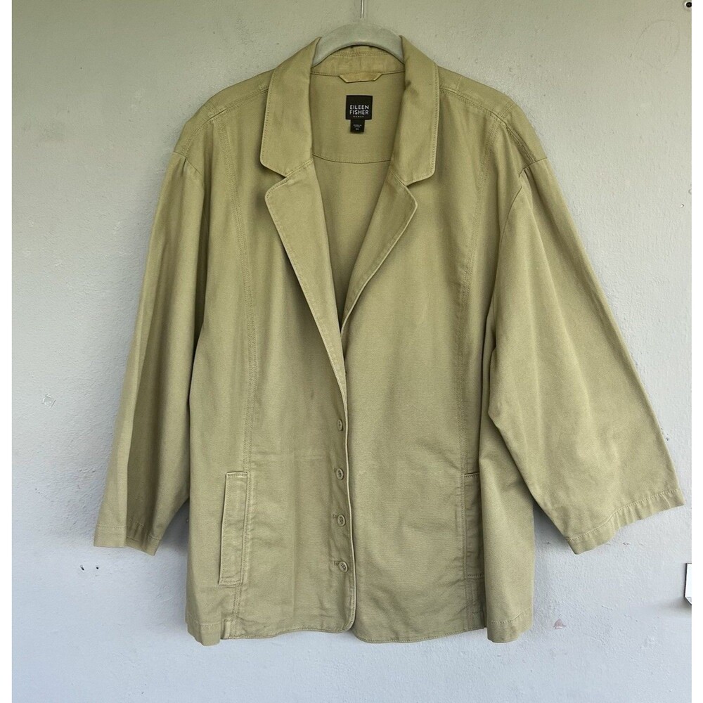 Eileen Fisher Twill Blazer Jacket 3X Button Organic Cotton 3/4 Sleeve Career